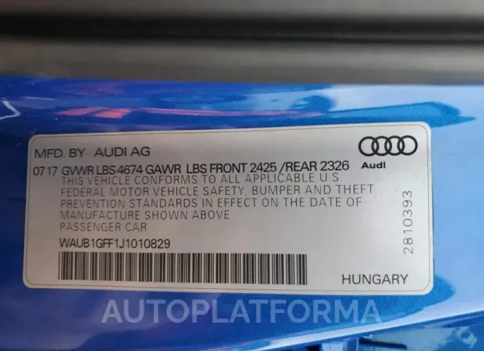 AUDI S3 PREMIUM 2018 vin WAUB1GFF1J1010829 from auto auction Copart