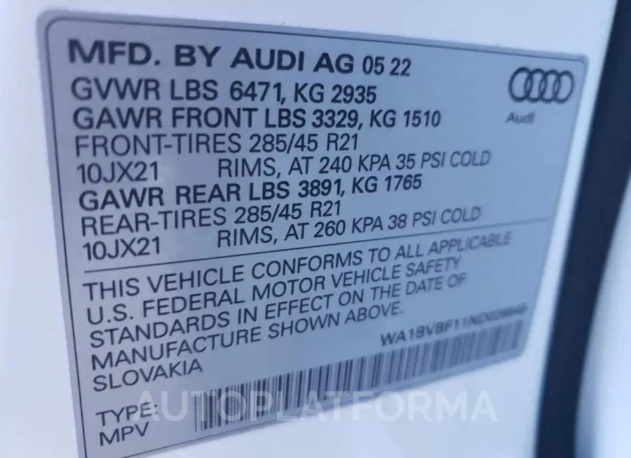 AUDI Q8 PREMIUM 2022 vin WA1BVBF11ND026848 from auto auction Copart