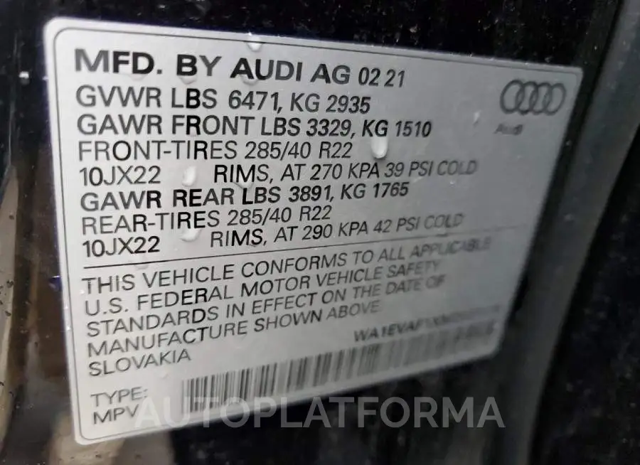 AUDI Q8 PREMIUM 2021 vin WA1EVAF1XMD027115 from auto auction Copart