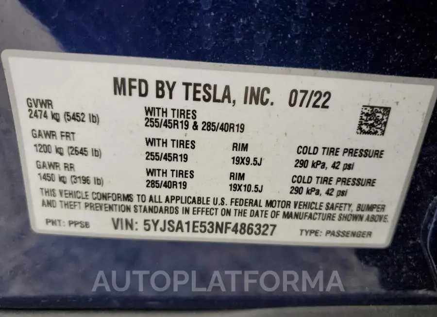 TESLA MODEL S 2022 vin 5YJSA1E53NF486327 from auto auction Copart