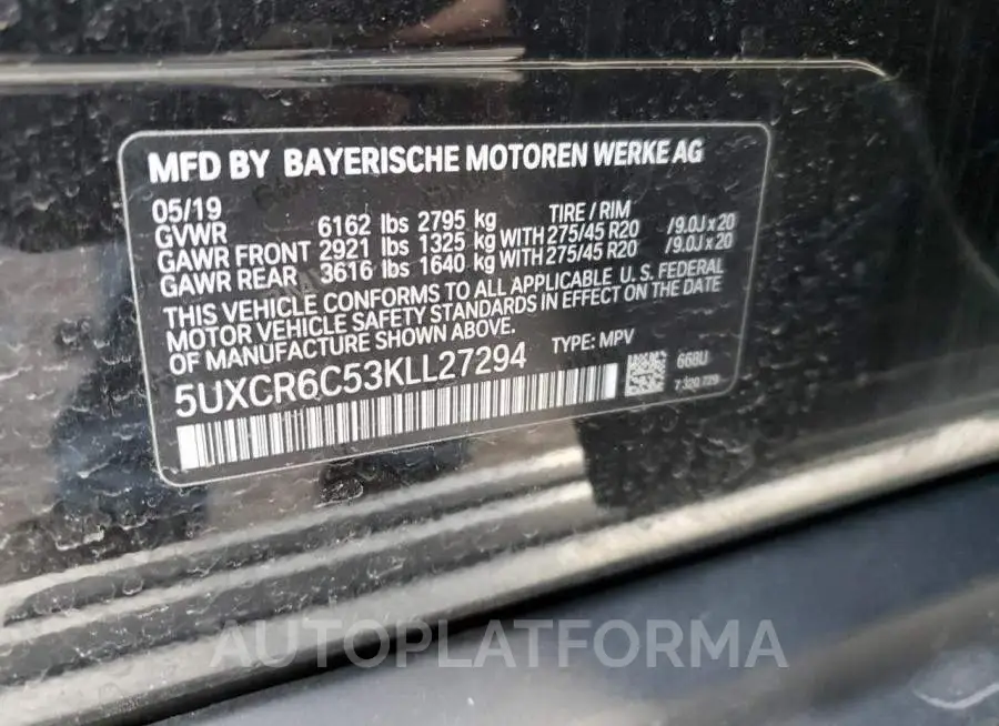 BMW X5 XDRIVE4 2019 vin 5UXCR6C53KLL27294 from auto auction Copart