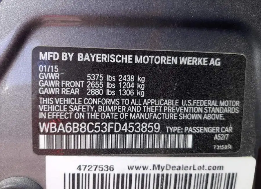 BMW 640 XI GRA 2015 vin WBA6B8C53FD453859 from auto auction Copart