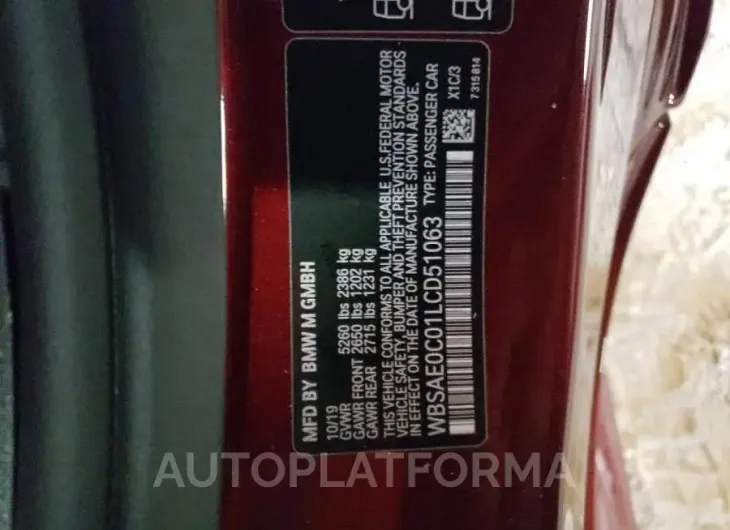 BMW M8 2020 vin WBSAE0C01LCD51063 from auto auction Copart