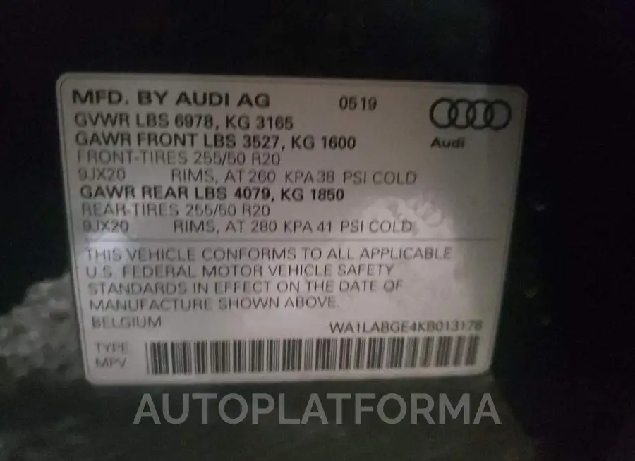 AUDI E-TRON PRE 2019 vin WA1LABGE4KB013178 from auto auction Copart