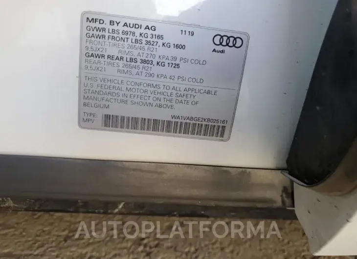 AUDI E-TRON PRE 2019 vin WA1VABGE2KB025161 from auto auction Copart