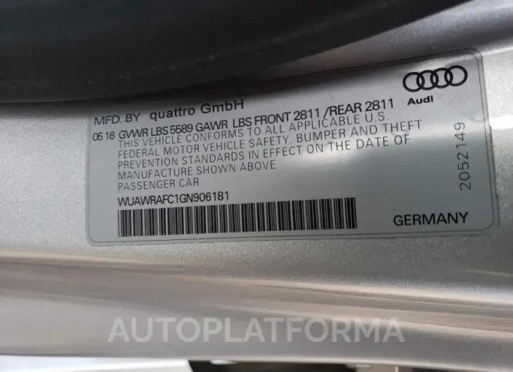 AUDI RS7 PERFOR 2016 vin WUAWRAFC1GN906181 from auto auction Copart