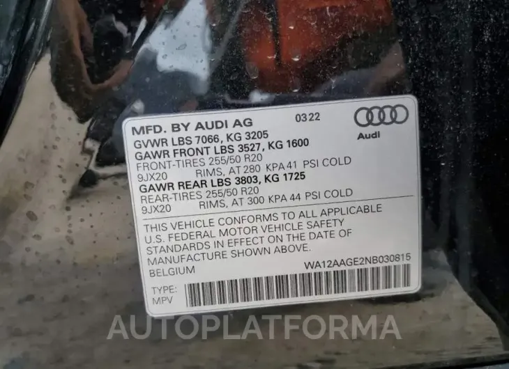 AUDI E-TRON SPO 2022 vin WA12AAGE2NB030815 from auto auction Copart