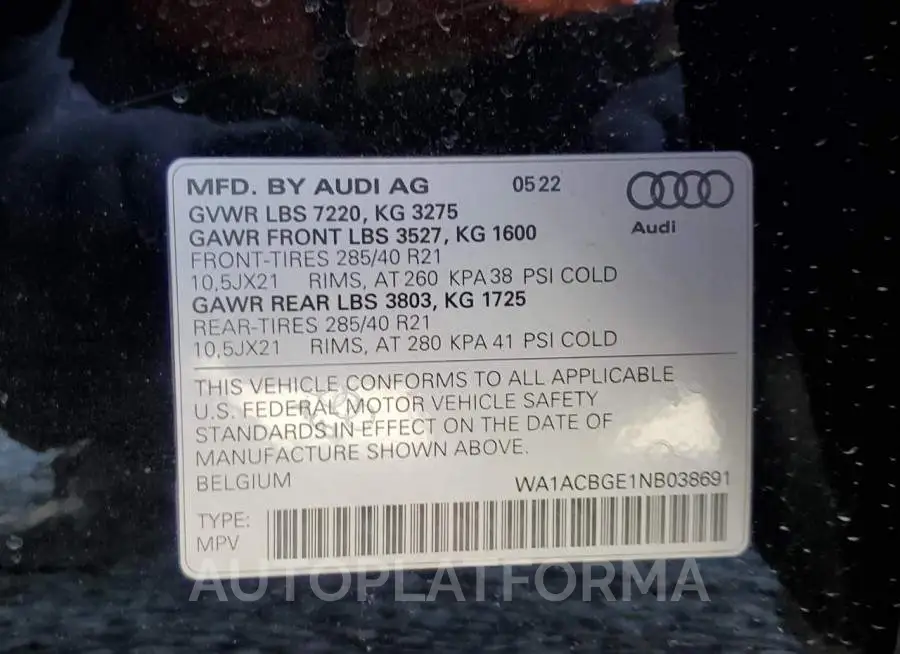 AUDI E-TRON S P 2022 vin WA1ACBGE1NB038691 from auto auction Copart