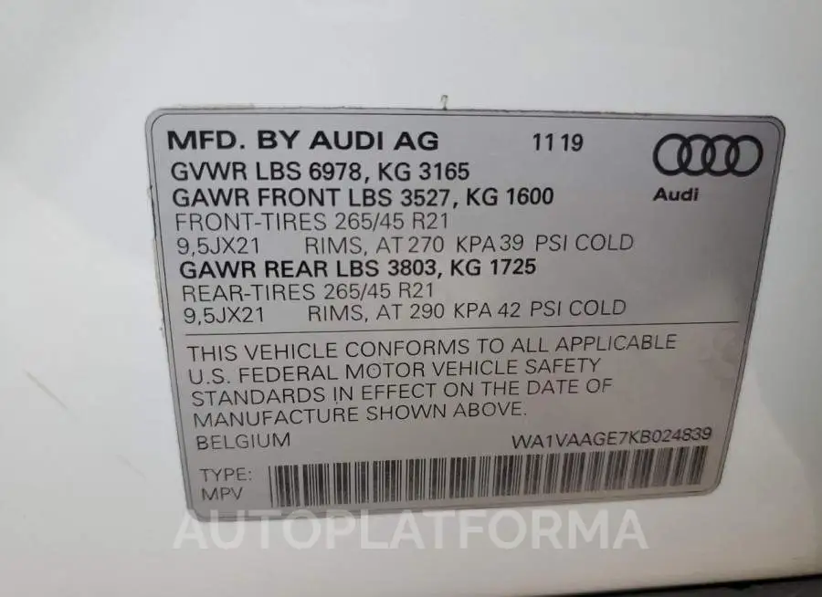 AUDI E-TRON PRE 2019 vin WA1VAAGE7KB024839 from auto auction Copart