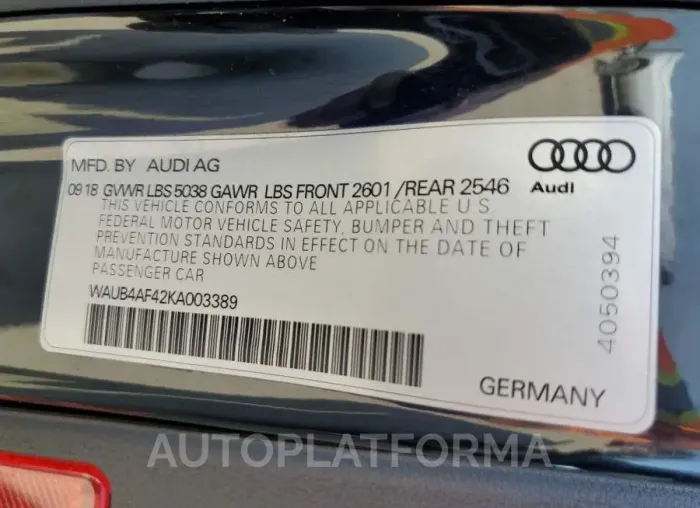 AUDI S4 PREMIUM 2019 vin WAUB4AF42KA003389 from auto auction Copart