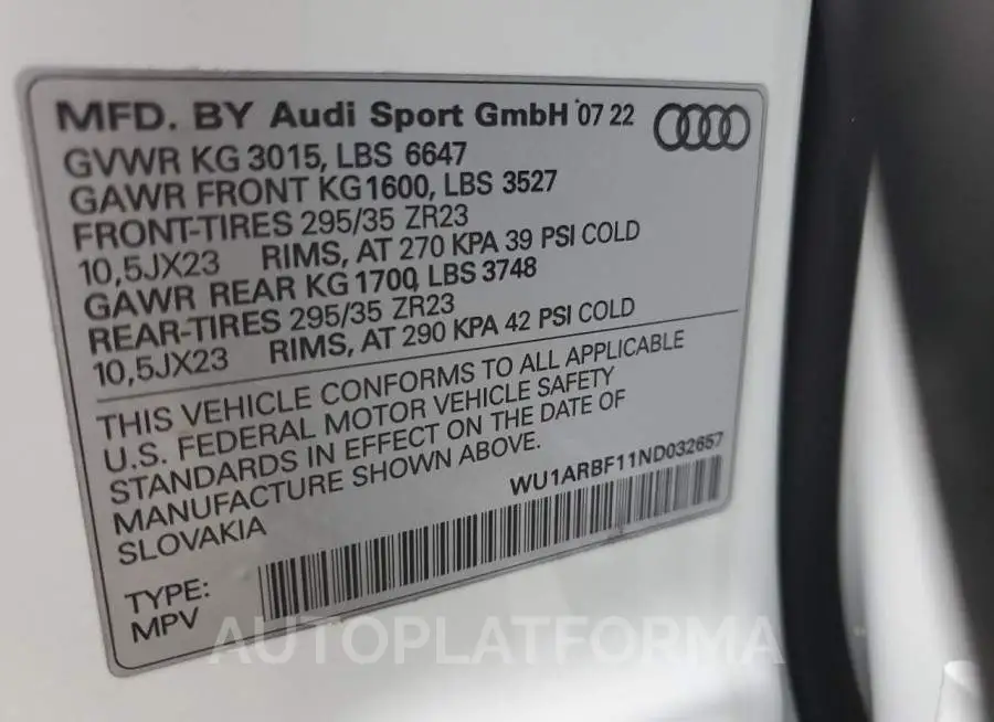 AUDI RS Q8 2022 vin WU1ARBF11ND032657 from auto auction Copart