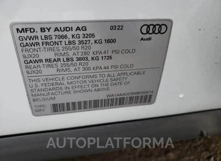 AUDI E-TRON PRE 2022 vin WA1AAAGE5NB030514 from auto auction Copart