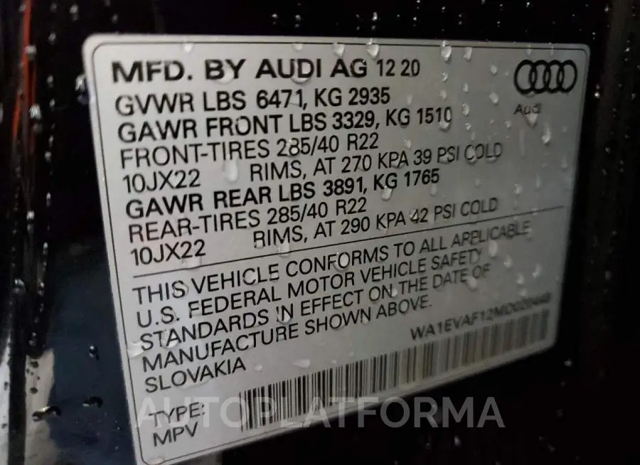 AUDI Q8 PREMIUM 2021 vin WA1EVAF12MD020448 from auto auction Copart