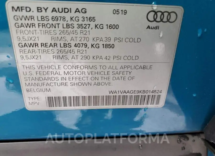 AUDI E-TRON PRE 2019 vin WA1VAAGE9KB014524 from auto auction Copart