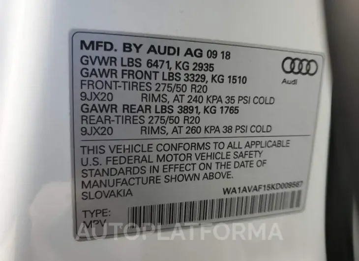 AUDI Q8 PREMIUM 2019 vin WA1AVAF15KD009567 from auto auction Copart