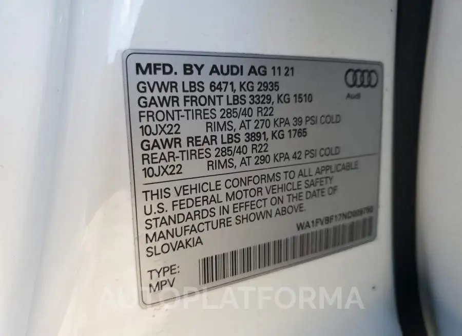 AUDI Q8 PRESTIG 2022 vin WA1FVBF17ND009750 from auto auction Copart