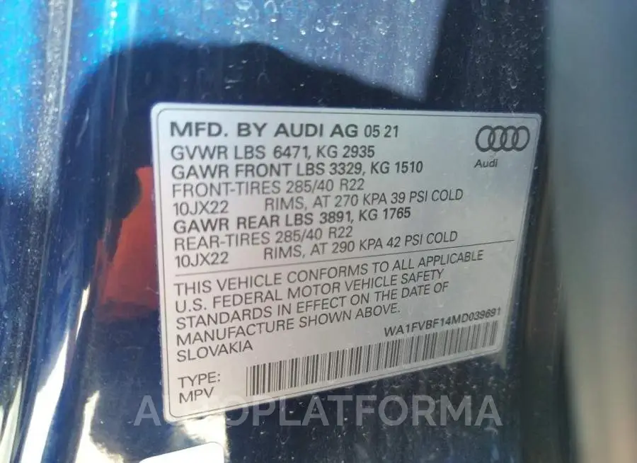 AUDI Q8 PRESTIG 2021 vin WA1FVBF14MD039691 from auto auction Copart