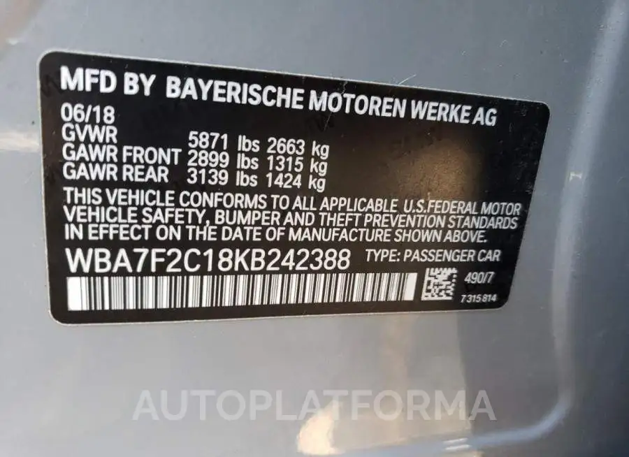 BMW ALPINA B7 2019 vin WBA7F2C18KB242388 from auto auction Copart