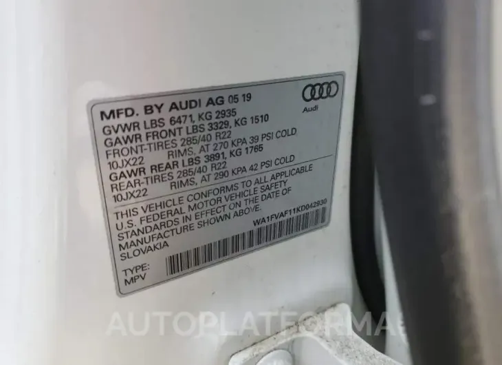 AUDI Q8 PRESTIG 2019 vin WA1FVAF11KD042930 from auto auction Copart