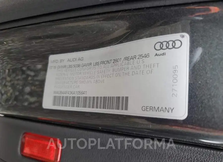 AUDI S4 PREMIUM 2019 vin WAUB4AF43KA105641 from auto auction Copart