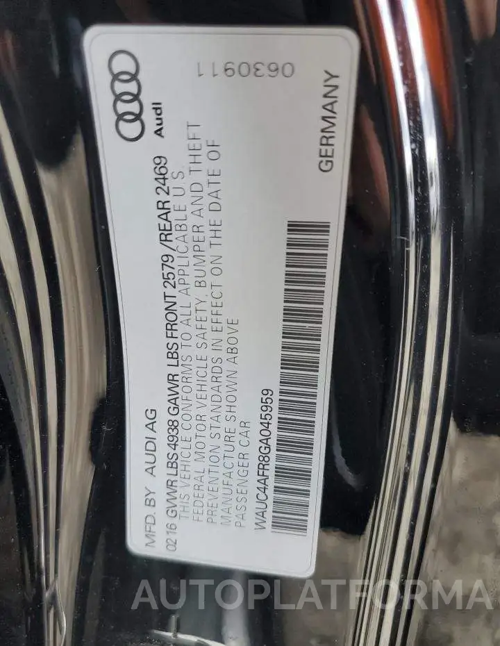 AUDI S5 PREMIUM 2016 vin WAUC4AFR8GA045959 from auto auction Copart