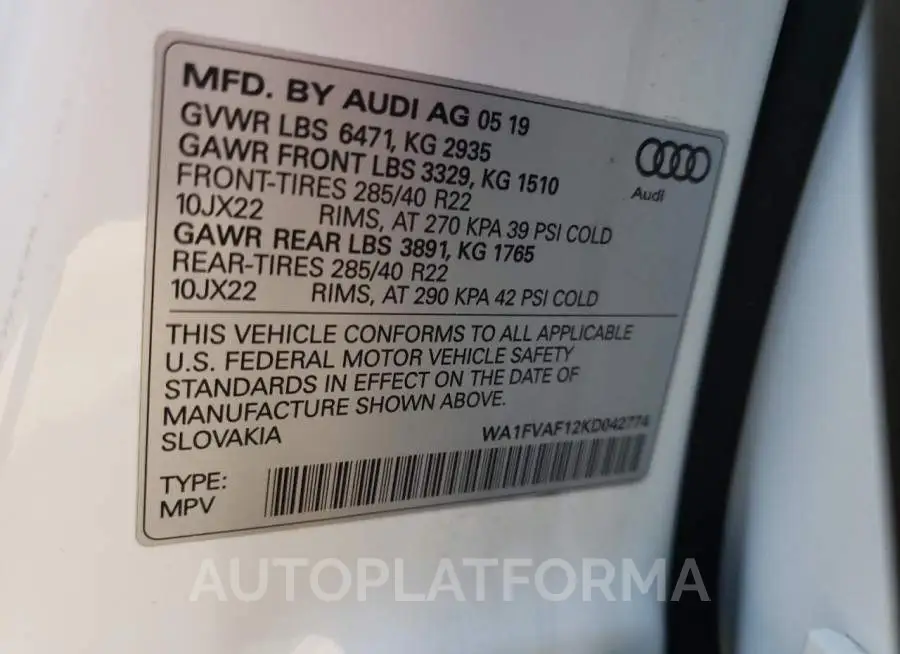 AUDI Q8 PRESTIG 2019 vin WA1FVAF12KD042774 from auto auction Copart