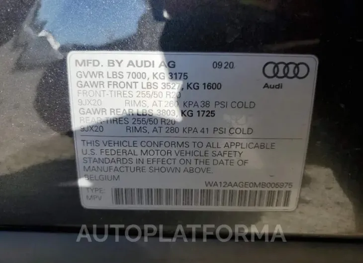 AUDI E-TRON SPO 2021 vin WA12AAGE0MB005975 from auto auction Copart