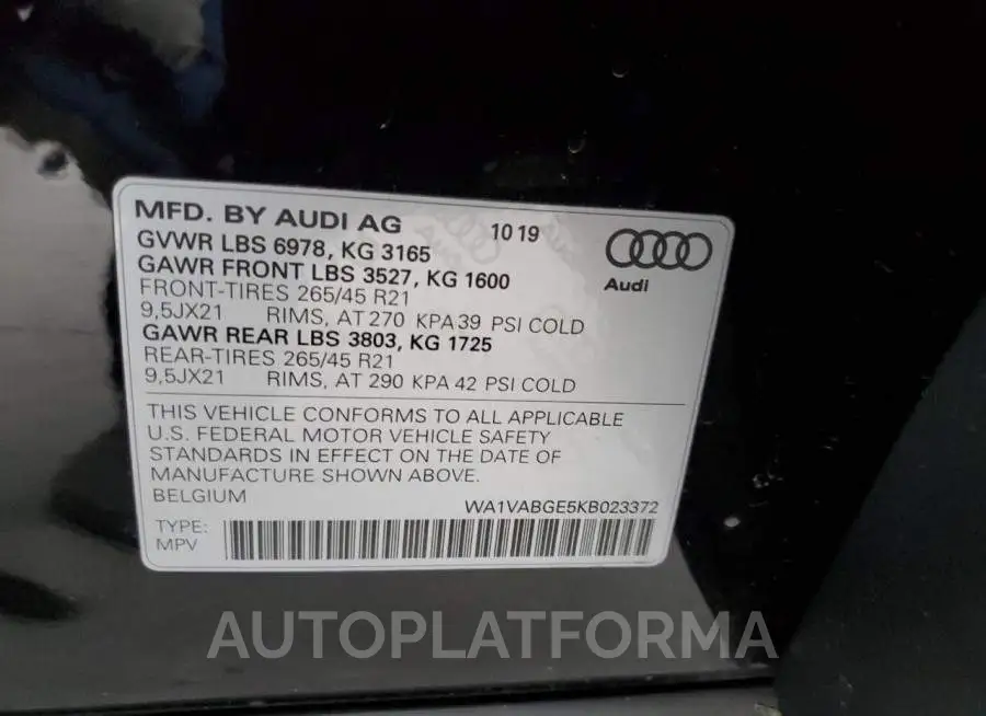 AUDI E-TRON PRE 2019 vin WA1VABGE5KB023372 from auto auction Copart