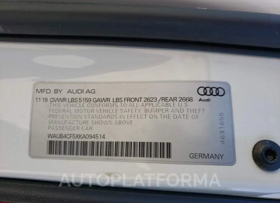 AUDI S5 PREMIUM 2019 vin WAUB4CF5XKA094514 from auto auction Copart