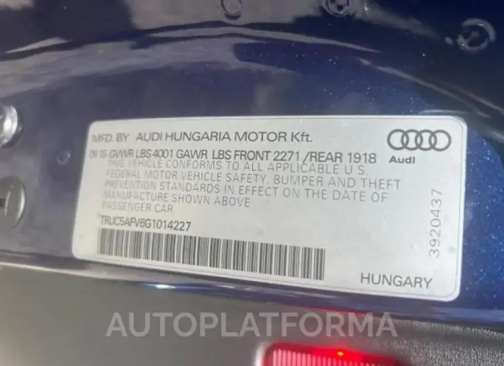 AUDI TT 2016 vin TRUC5AFV6G1014227 from auto auction Copart