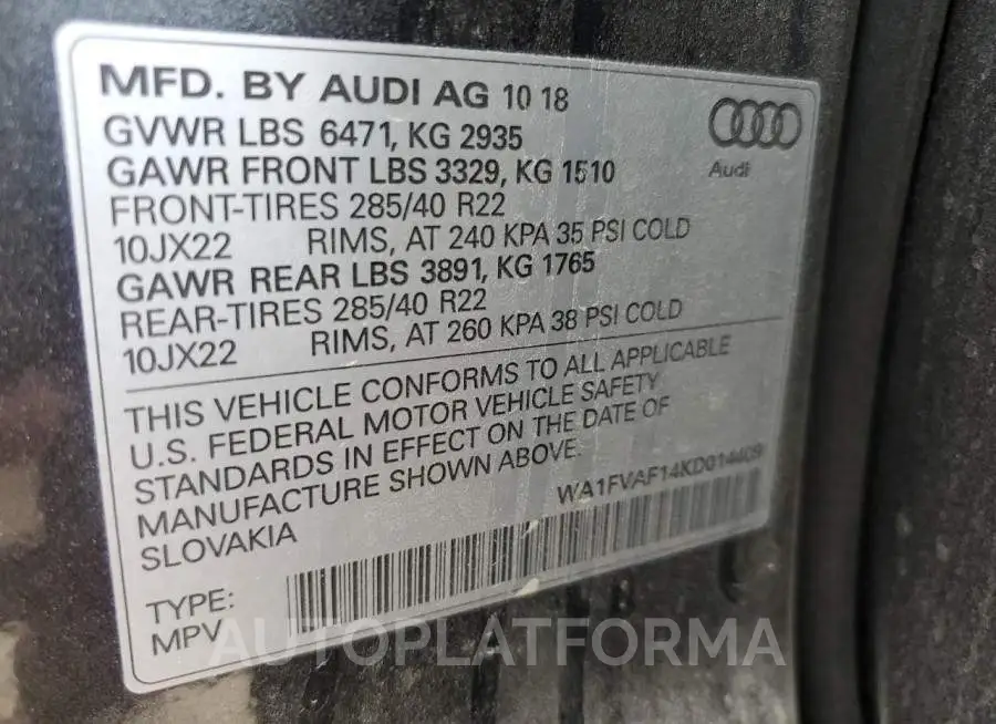 AUDI Q8 PRESTIG 2019 vin WA1FVAF14KD014409 from auto auction Copart