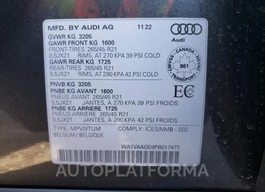 AUDI E-TRON CHR 2023 vin WA1VAAGE9PB017477 from auto auction Copart