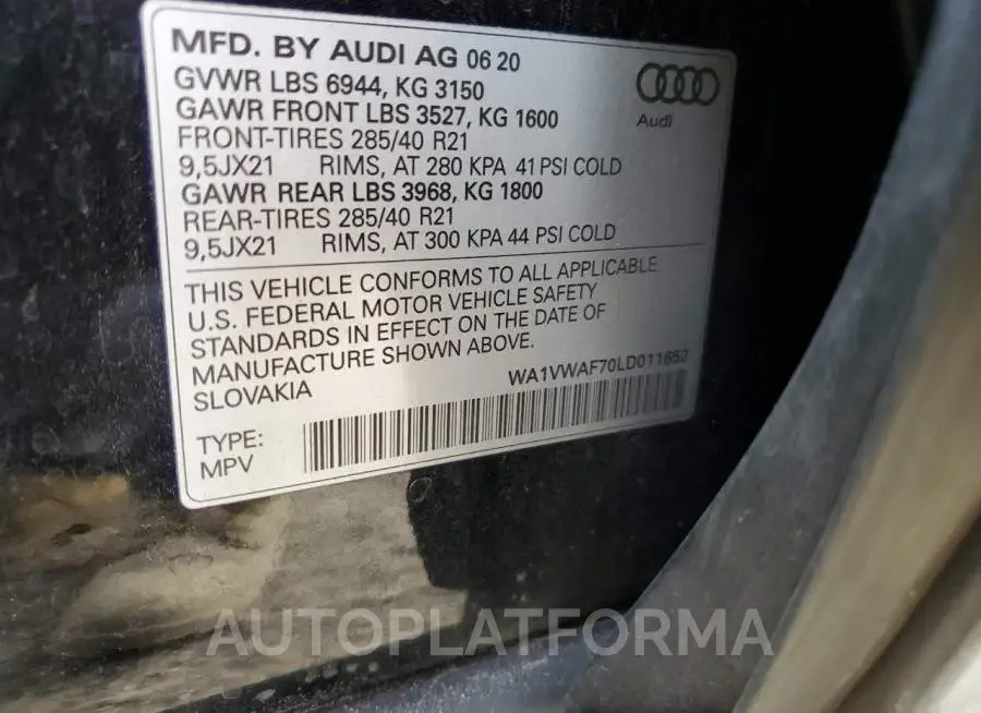 AUDI SQ7 PRESTI 2020 vin WA1VWAF70LD011652 from auto auction Copart