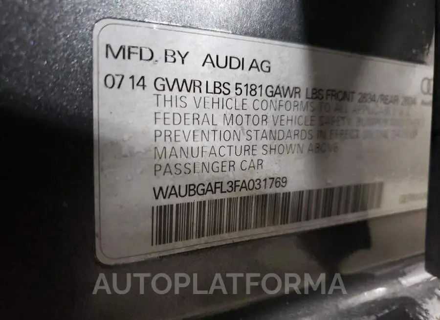 AUDI S4 PREMIUM 2015 vin WAUBGAFL3FA031769 from auto auction Copart