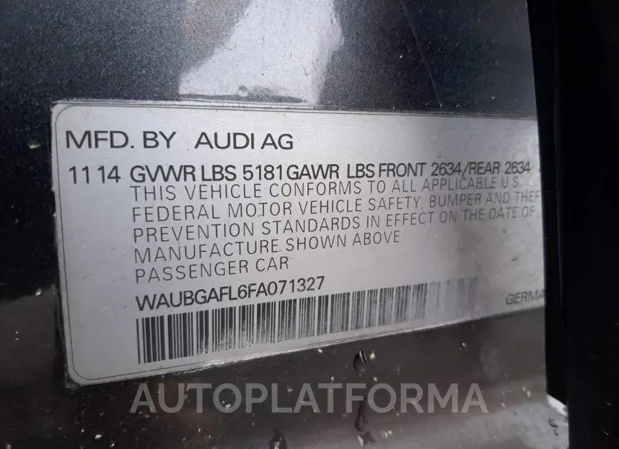 AUDI S4 PREMIUM 2015 vin WAUBGAFL6FA071327 from auto auction Copart