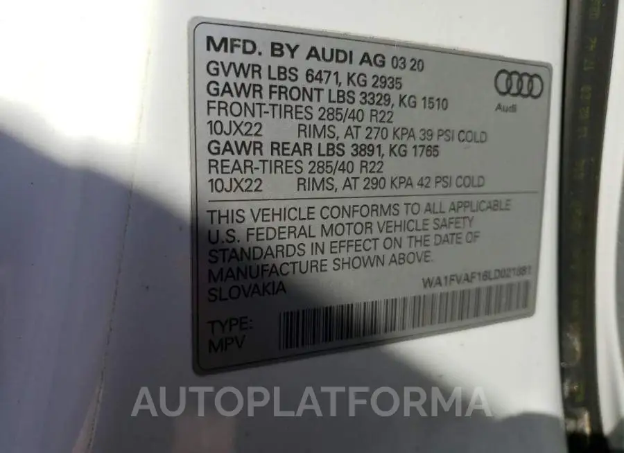 AUDI Q8 PRESTIG 2020 vin WA1FVAF16LD021881 from auto auction Copart