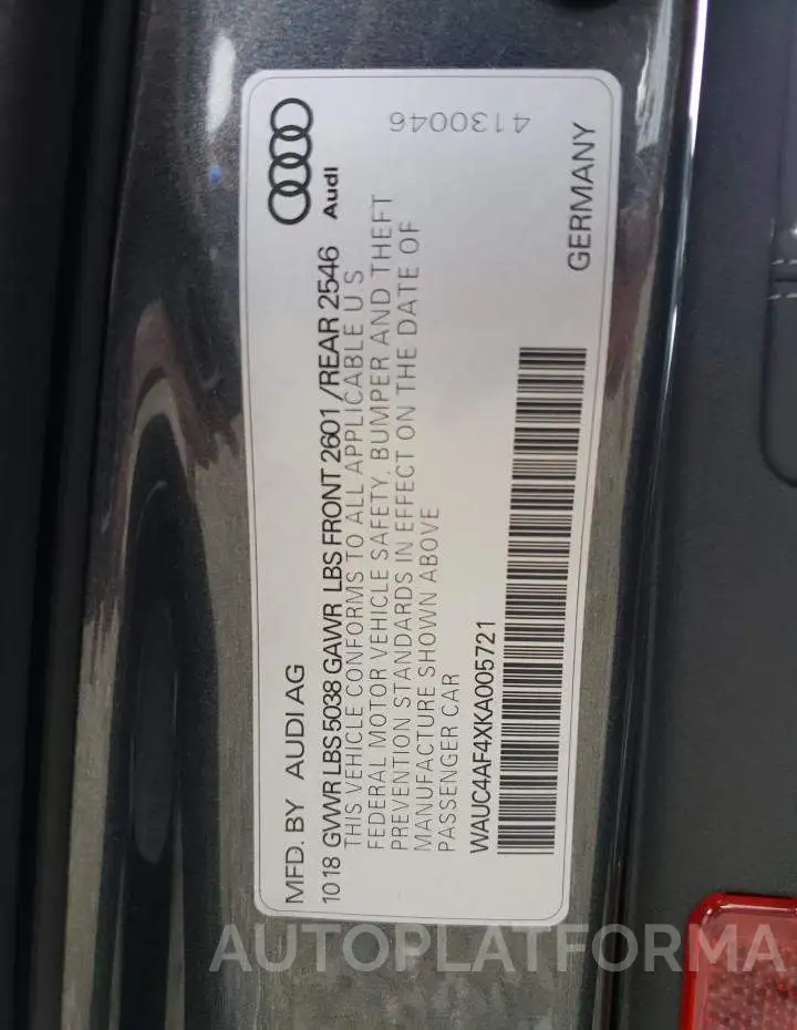 AUDI S4 PRESTIG 2019 vin WAUC4AF4XKA005721 from auto auction Copart