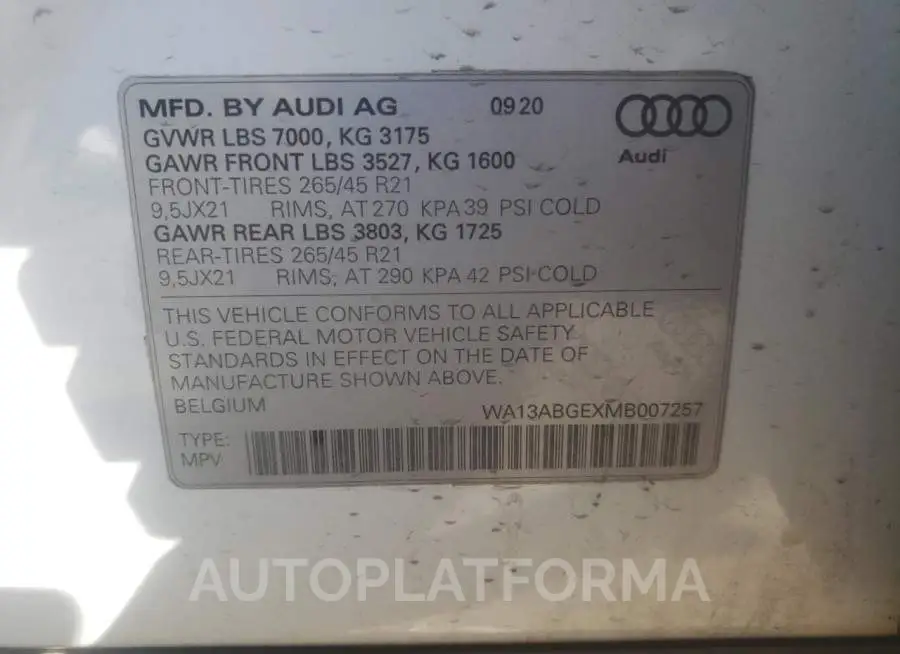 AUDI E-TRON SPO 2021 vin WA13ABGEXMB007257 from auto auction Copart