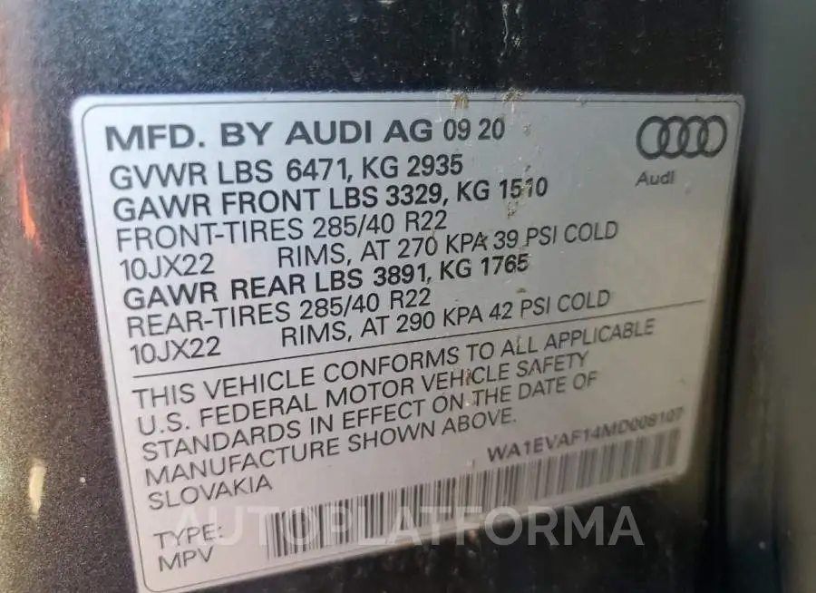 AUDI Q8 PREMIUM 2021 vin WA1EVAF14MD008107 from auto auction Copart