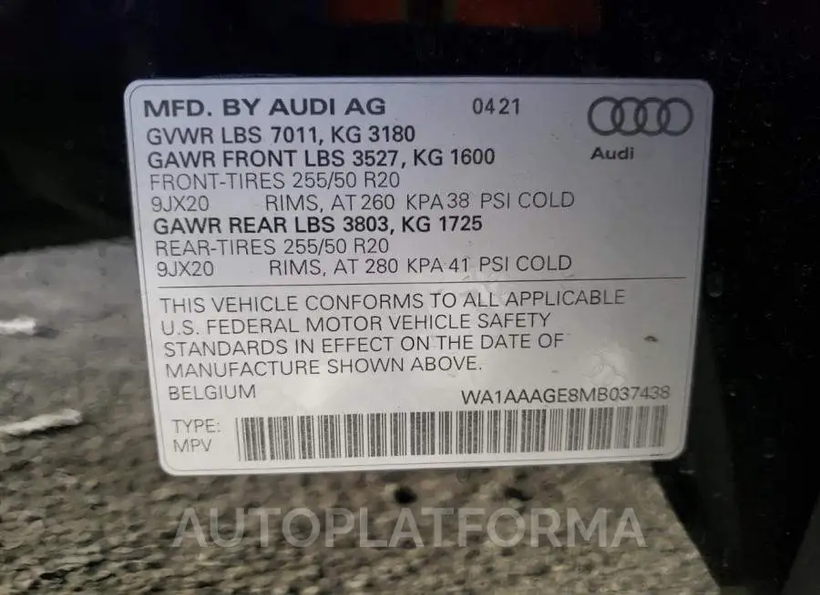 AUDI E-TRON PRE 2021 vin WA1AAAGE8MB037438 from auto auction Copart