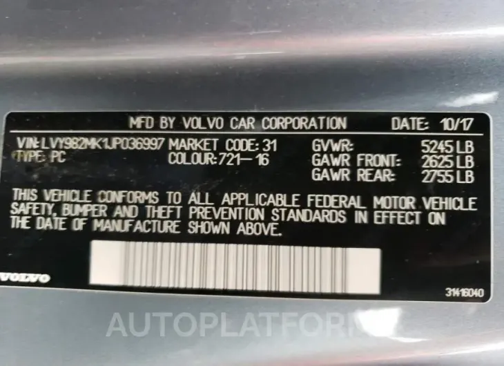 VOLVO S90 T5 MOM 2018 vin LVY982MK1JP036997 from auto auction Copart