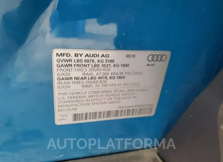 AUDI E-TRON PRE 2019 vin WA1VAAGE4KB015452 from auto auction Copart