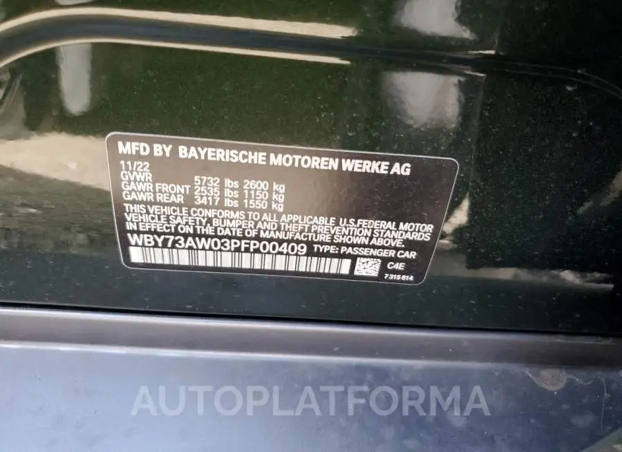 BMW I4 EDRIVE4 2023 vin WBY73AW03PFP00409 from auto auction Copart