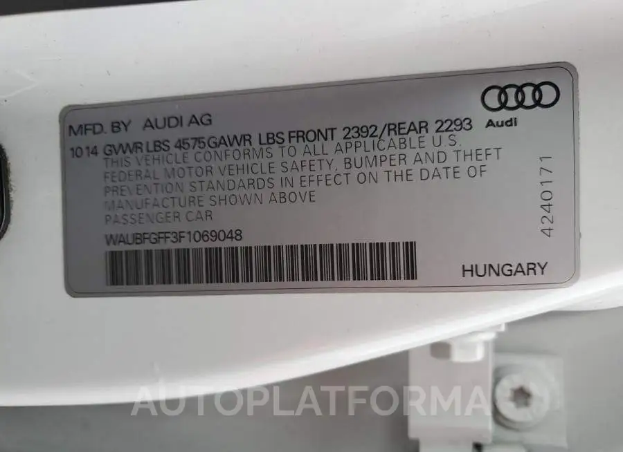 AUDI S3 PREMIUM 2015 vin WAUBFGFF3F1069048 from auto auction Copart