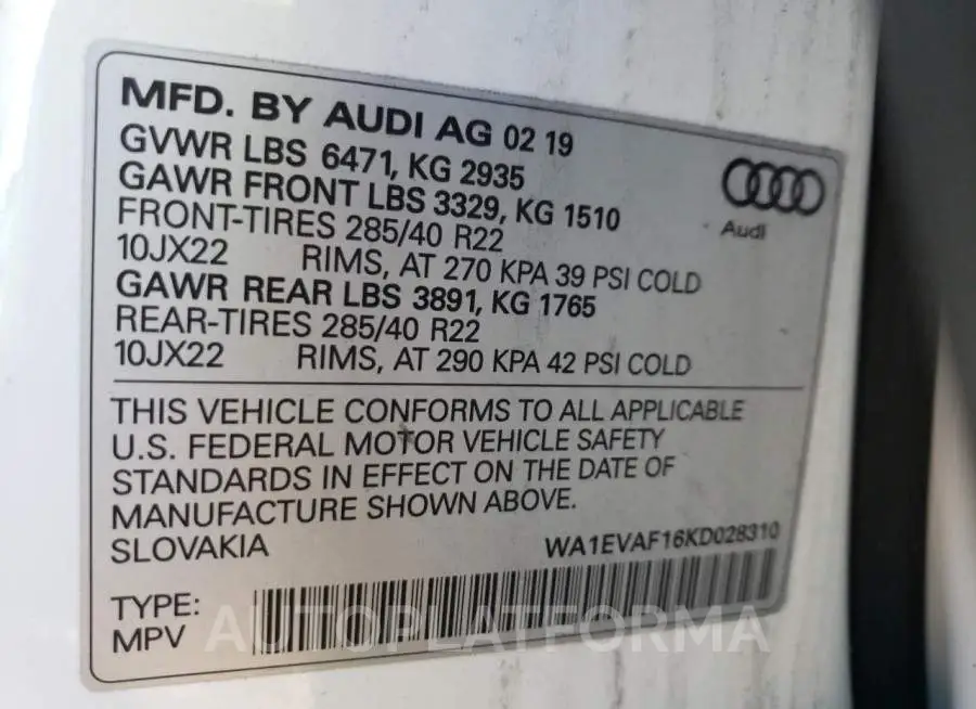 AUDI Q8 PREMIUM 2019 vin WA1EVAF16KD028310 from auto auction Copart