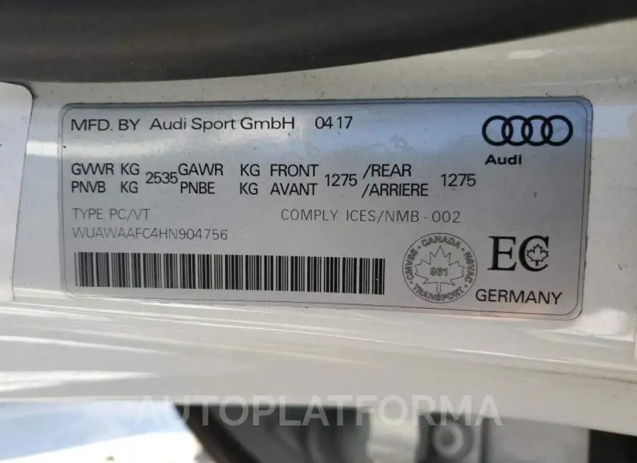 AUDI RS7 PRESTI 2017 vin WUAWAAFC4HN904756 from auto auction Copart