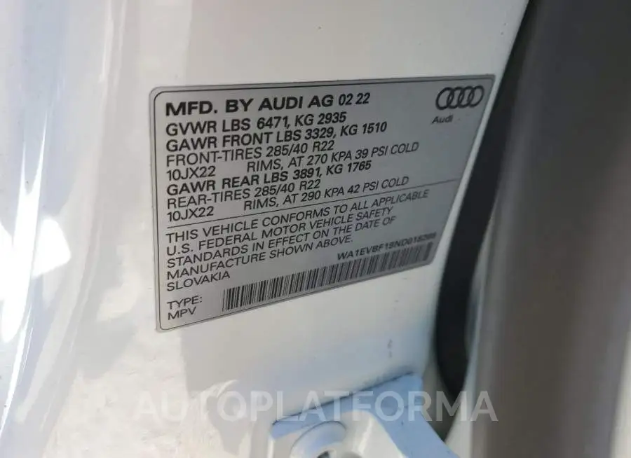 AUDI Q8 PREMIUM 2022 vin WA1EVBF19ND018266 from auto auction Copart