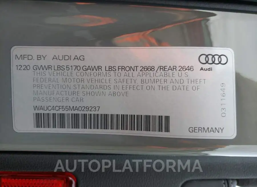 AUDI S5 PREMIUM 2021 vin WAUC4CF55MA029237 from auto auction Copart