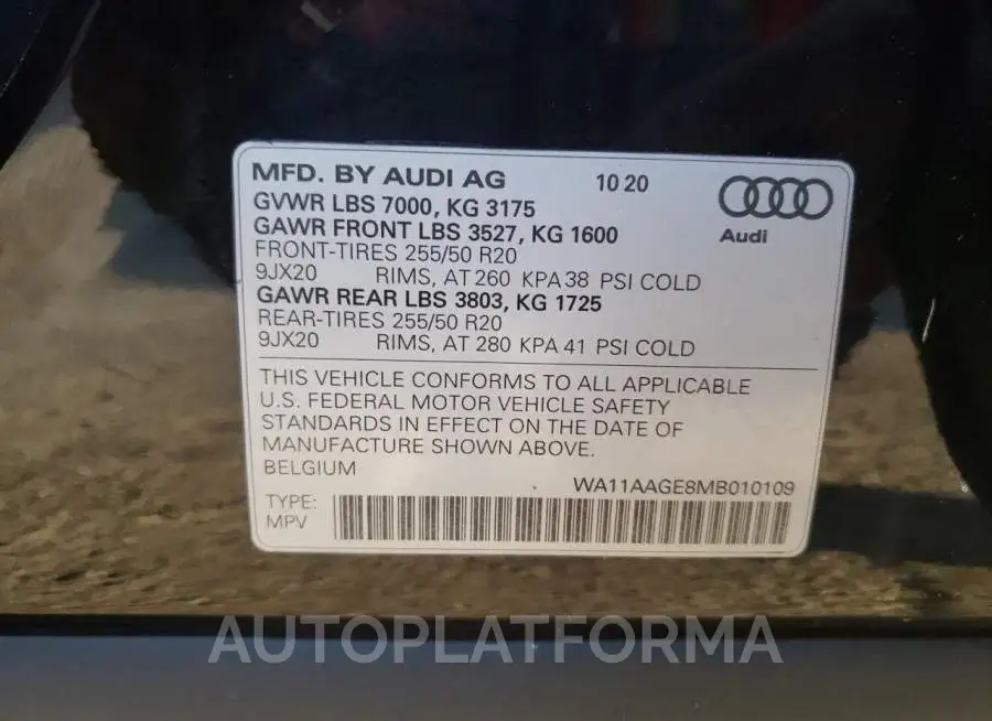 AUDI E-TRON SPO 2021 vin WA11AAGE8MB010109 from auto auction Copart