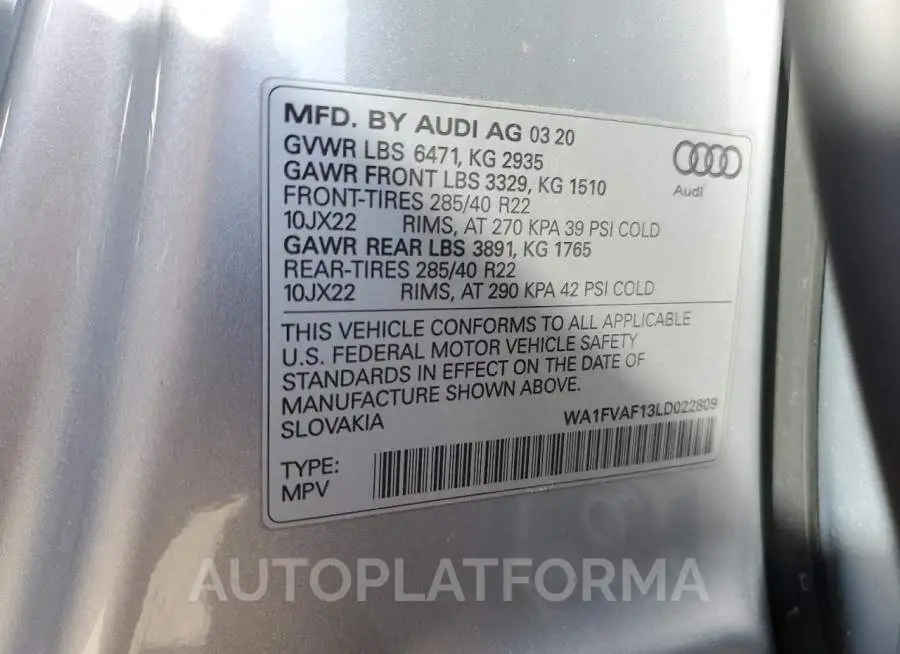 AUDI Q8 PRESTIG 2020 vin WA1FVAF13LD022809 from auto auction Copart